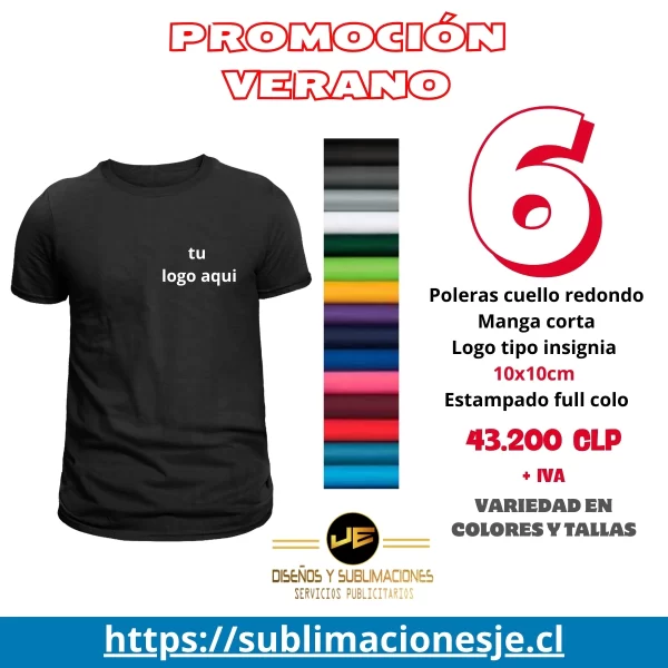Pack 6 poleras algodón cuello redondo personalizable